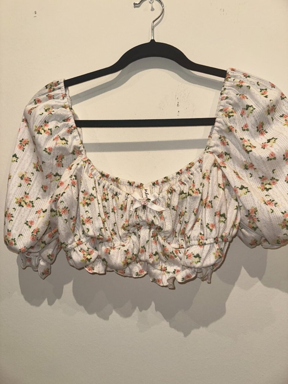 For Love & Lemons Floral Crop Top White Pink Bow Puff Sleeve